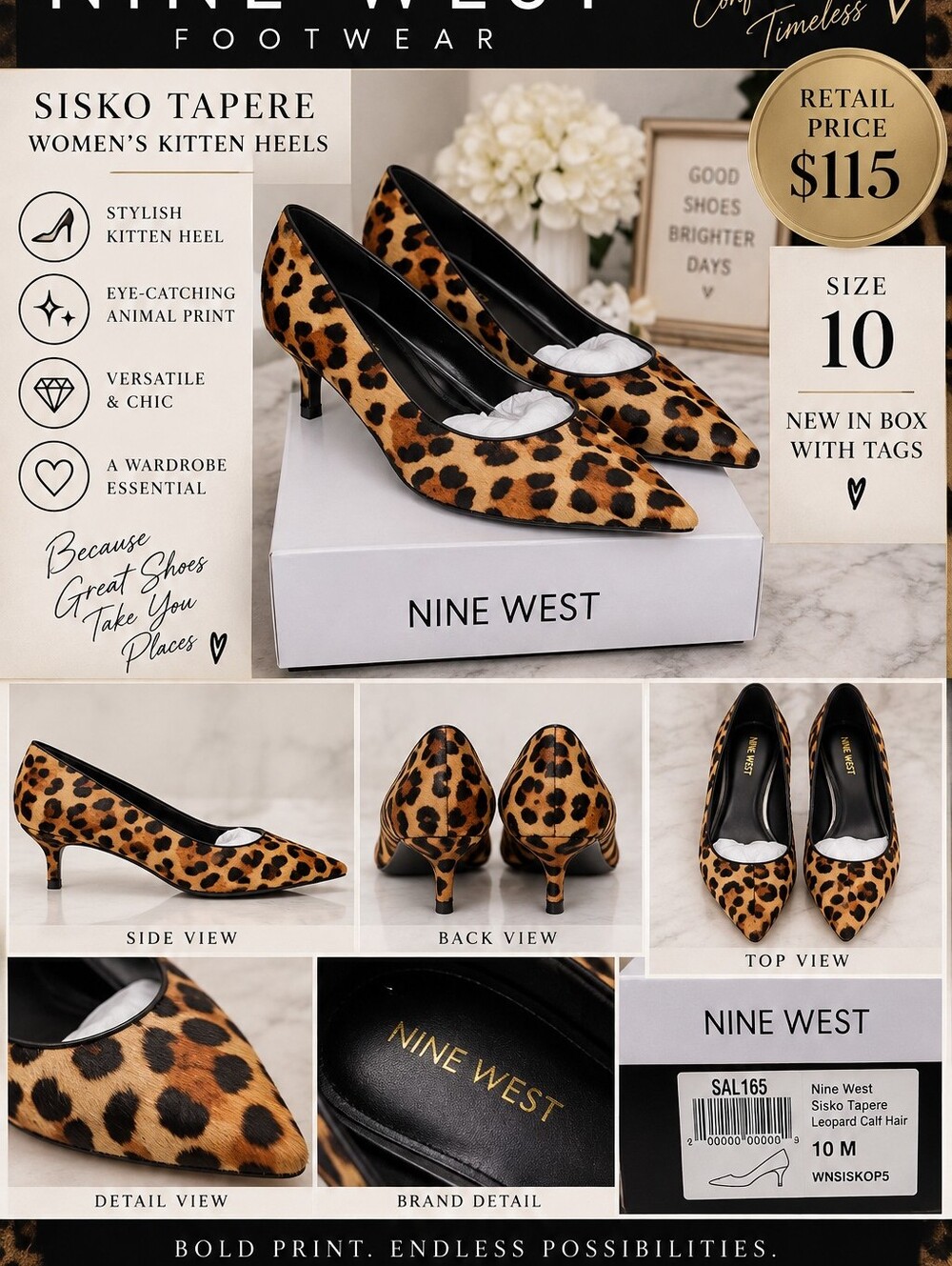 NIB Nine West Leopard Print Kitten Heels - Brown/Black